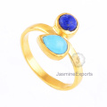 Anillo de plata esterlina, Smithsonita y anillo de piedras preciosas Lapis, Anillo de plata chapada en oro 18k